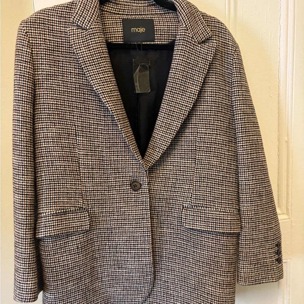 Maje Black and Cream Houndstooth Single-Button Blazer